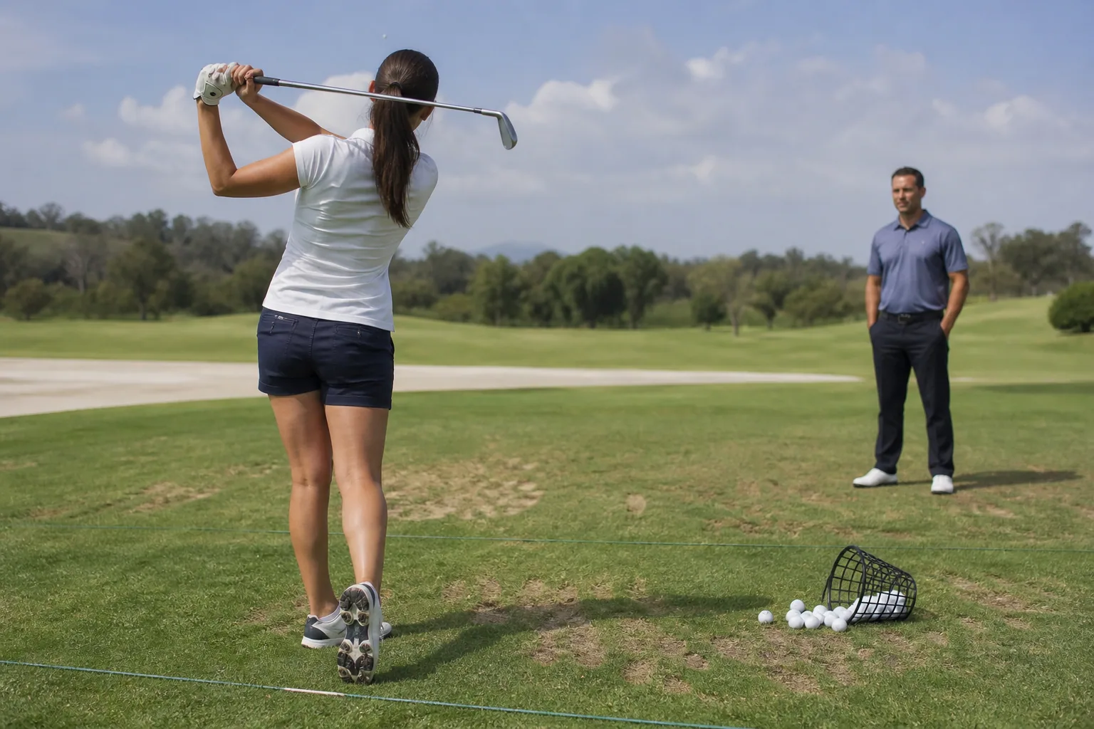 Golfer finishing a swing while a coach observes both legs and the overall movement