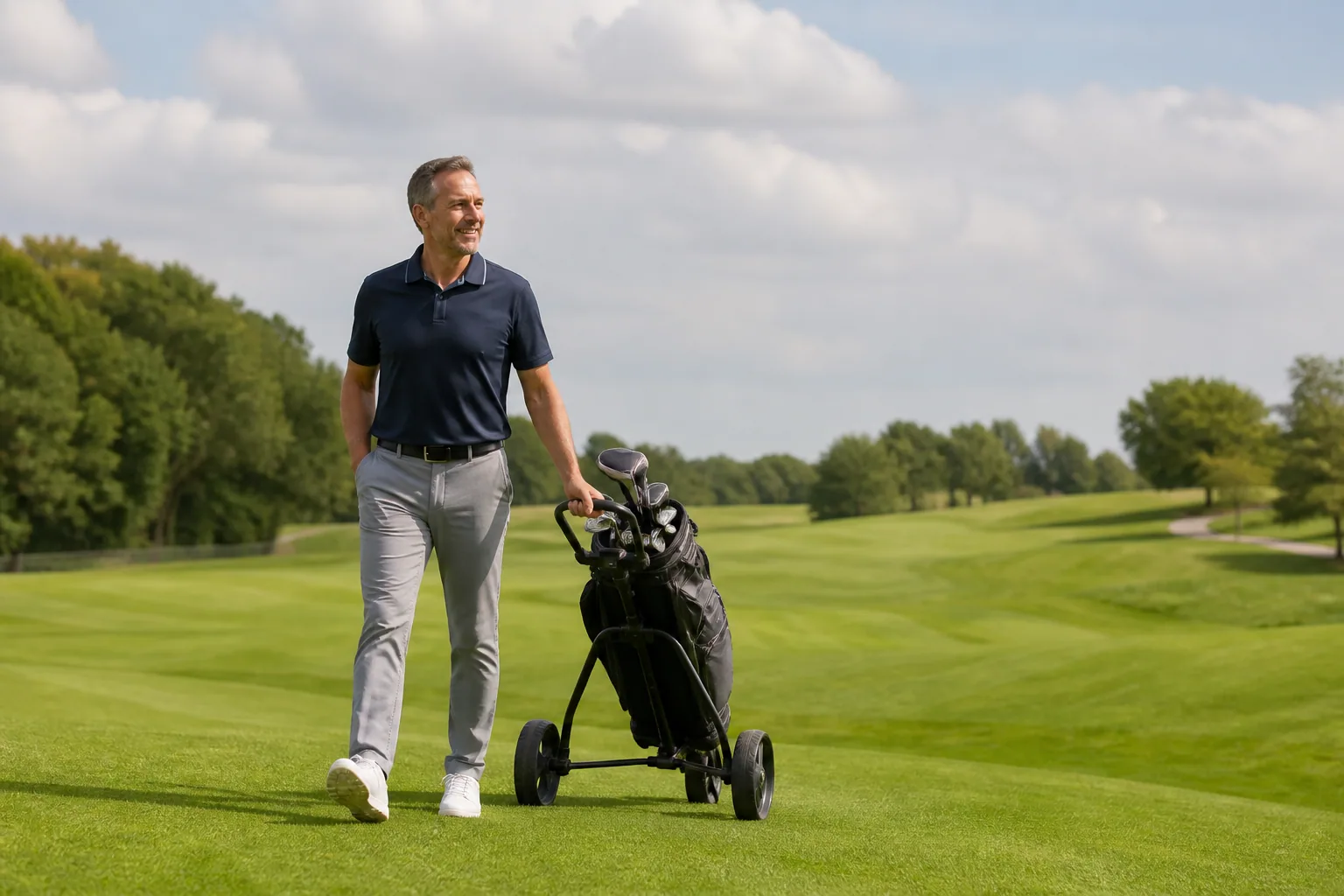 Golfer walking a fairway with a trolley, with the terrain and walking distance context visible