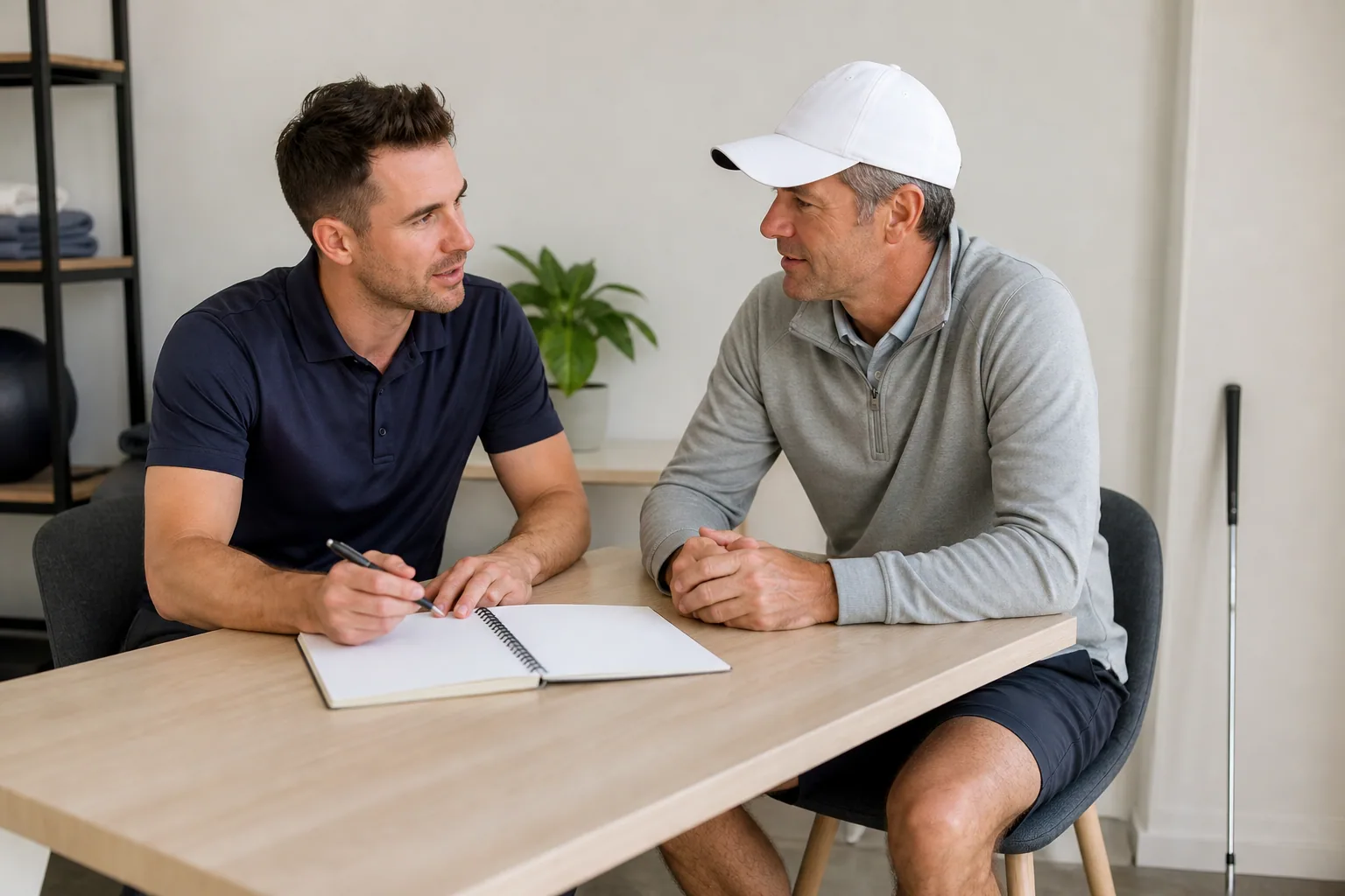 Golfer discussing a written activity plan with a clinician in a sports clinic