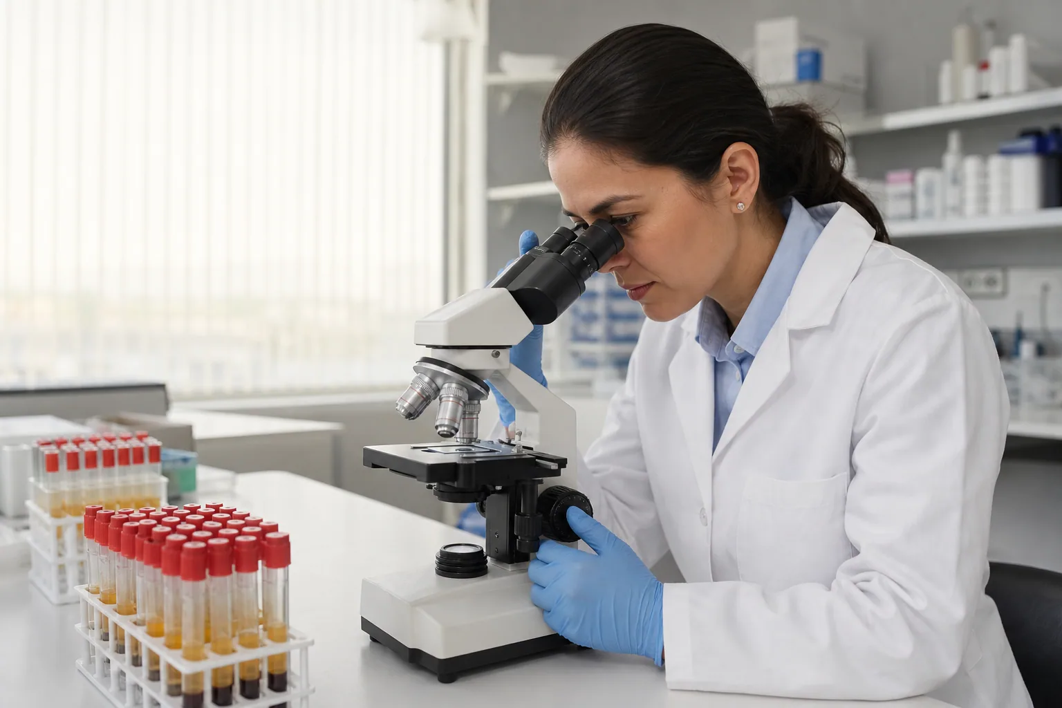 Laboratory professional examining a sample under a microscope