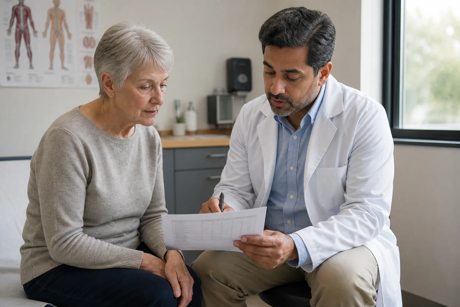 Patient and clinician reviewing a medication list and questions during a consultation