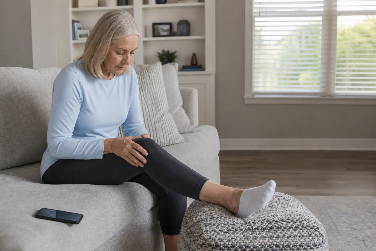 Woman resting with a supported leg in a quiet living room