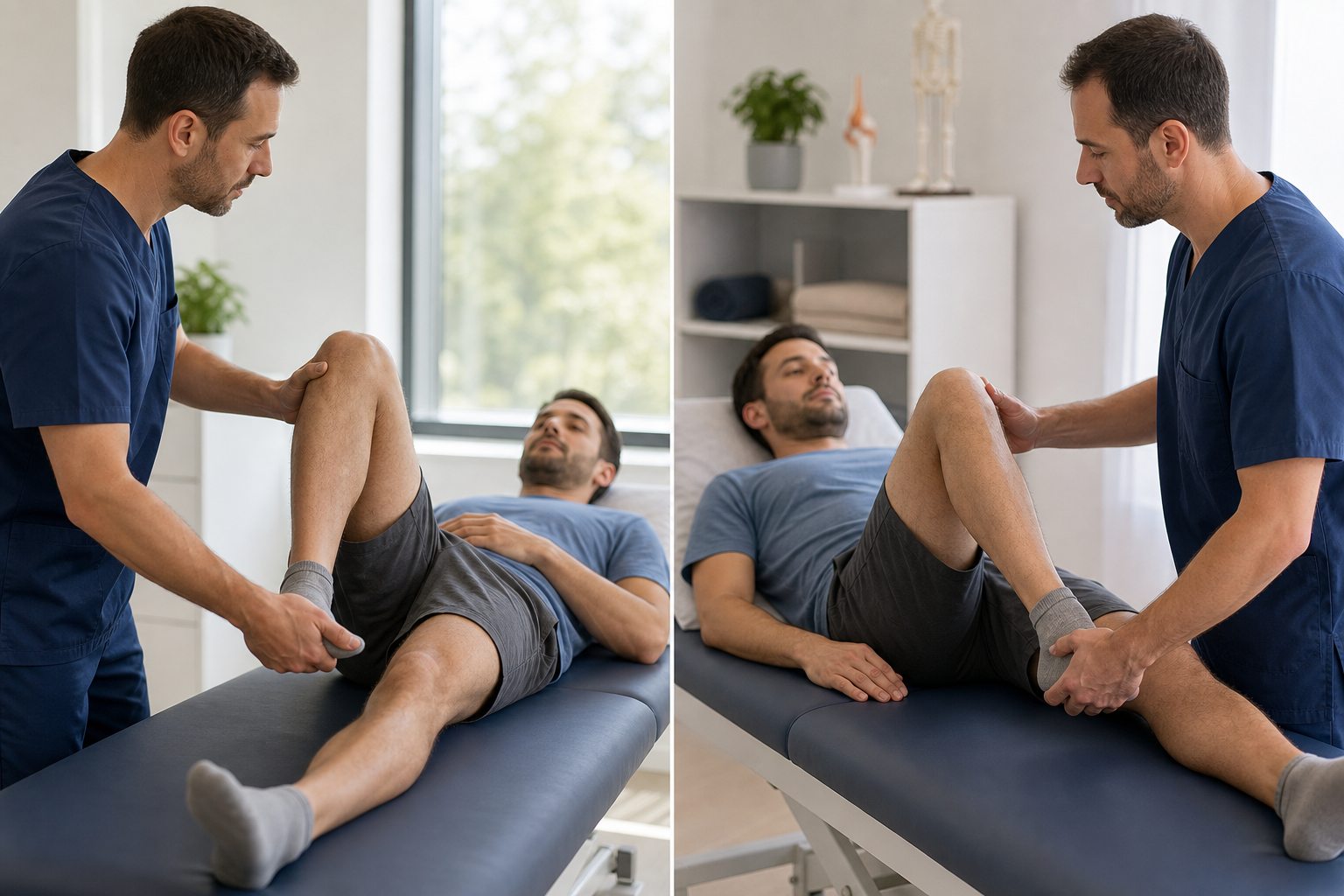 Clinician comparing hip rotation and knee movement during one lower-limb examination