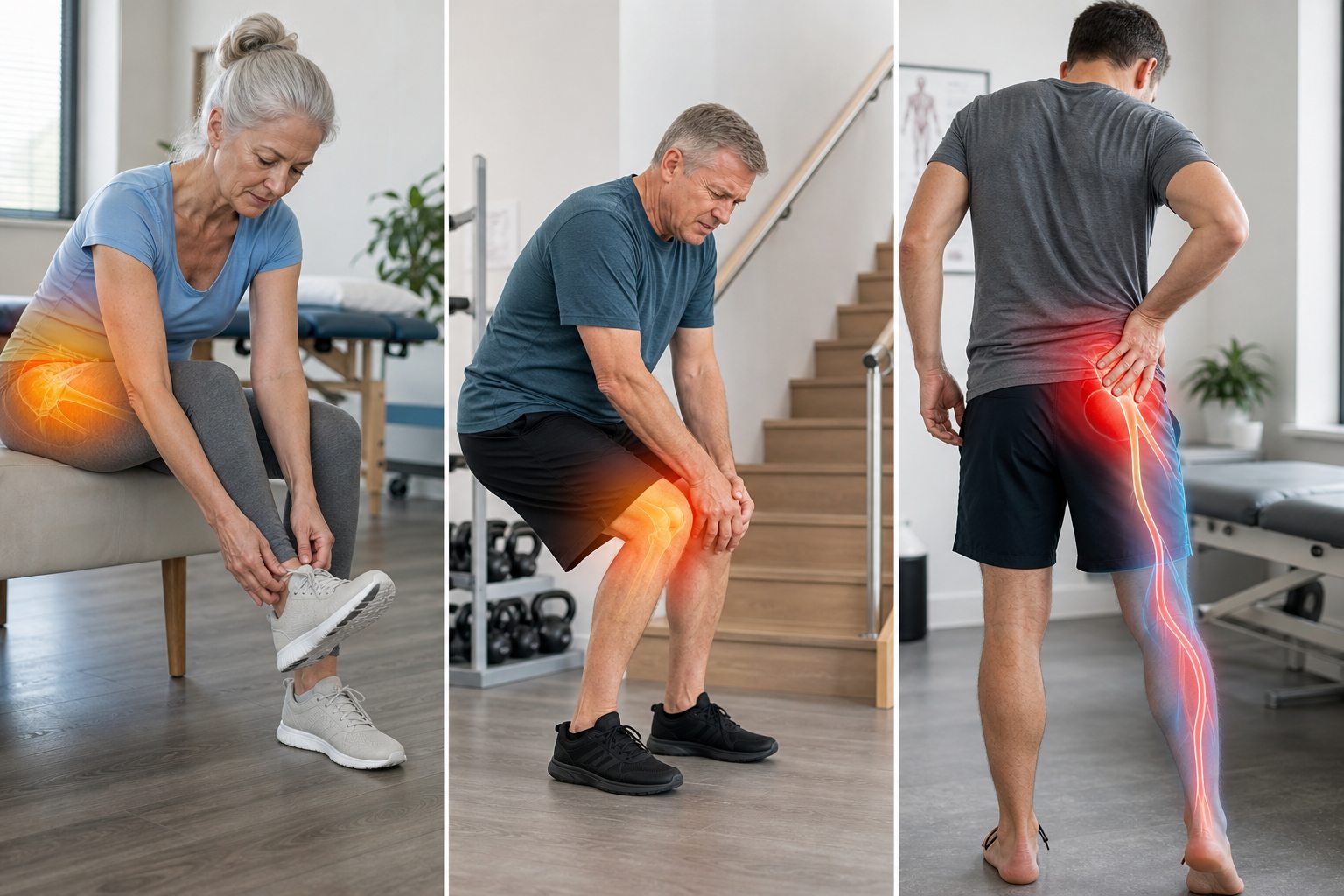 Three realistic scenes comparing hip-related difficulty with shoes and rotation, local knee pain during stairs and a lumbar nerve pain path from the back down the leg