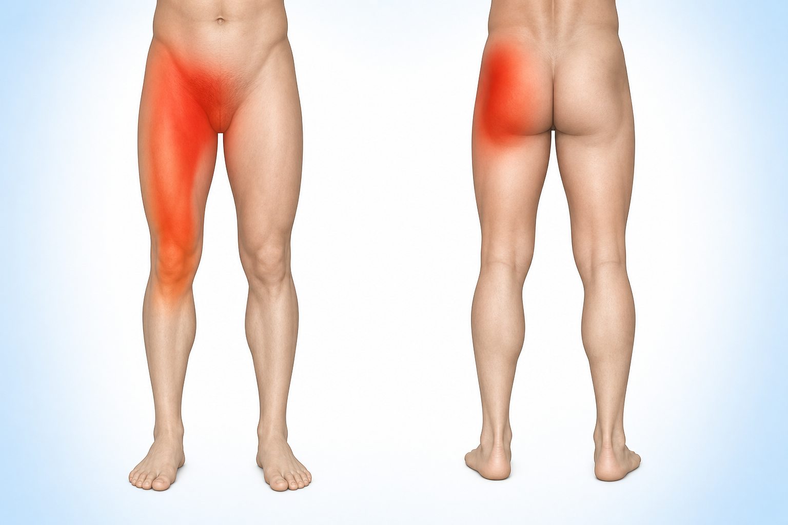 Front and back body map showing a common hip-joint pain route from the groin and front hip through the thigh to the knee