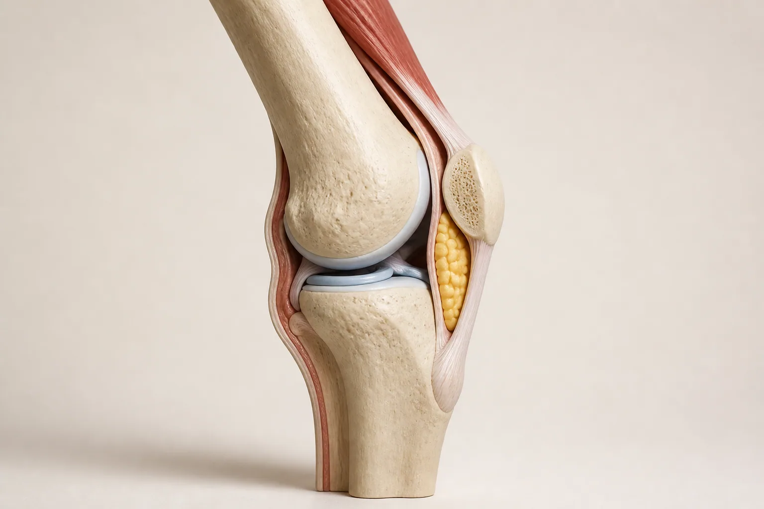 Simplified three-dimensional knee cutaway showing the yellow infrapatellar fat pad behind the patellar tendon and below the kneecap