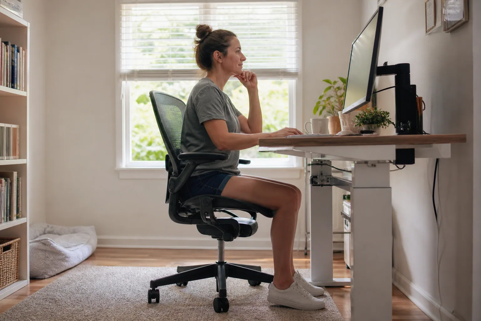 Person using a seated break at a home desk with both feet comfortably supported