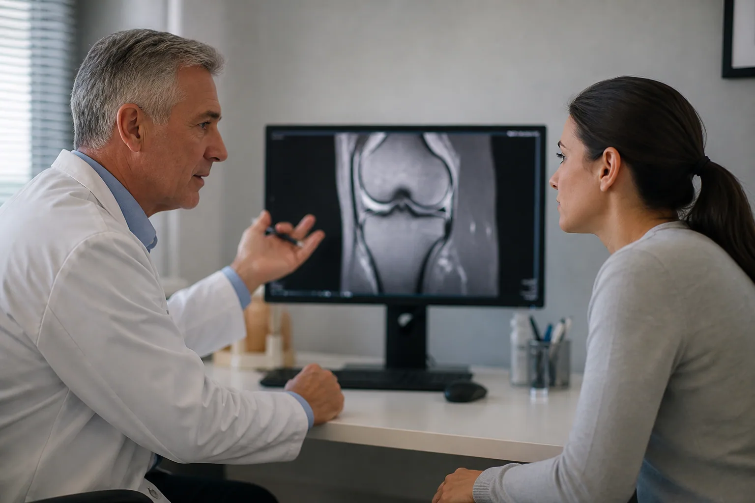 Doctor and patient discussing knee imaging together at a consultation
