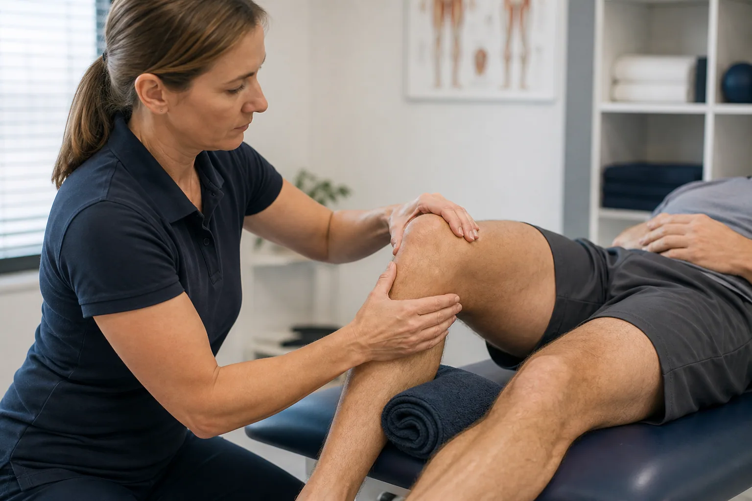 Clinician gently examining a supported knee after a reported backward-bending injury