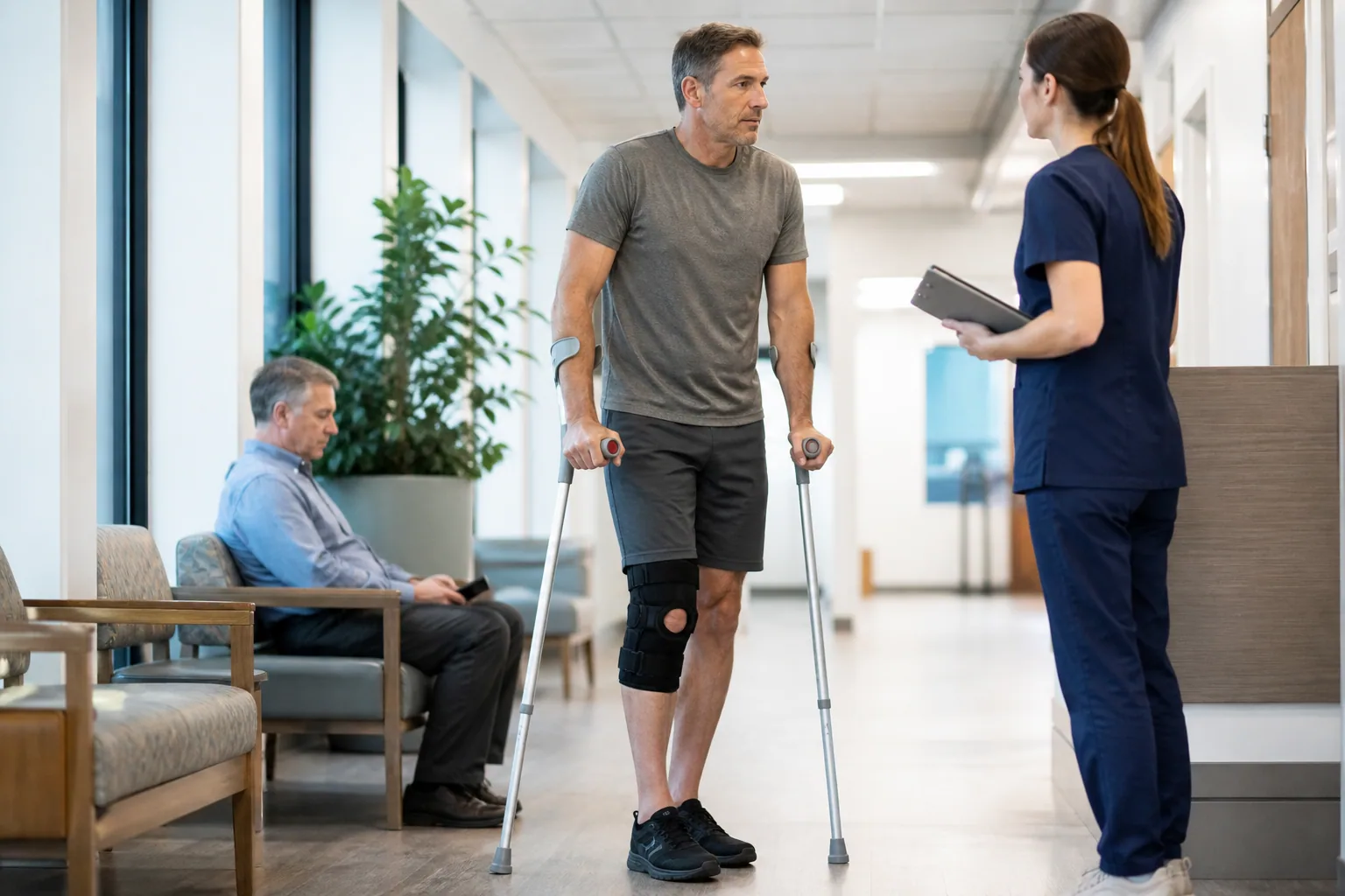 Adult using prescribed crutches while receiving walking guidance in a clinic