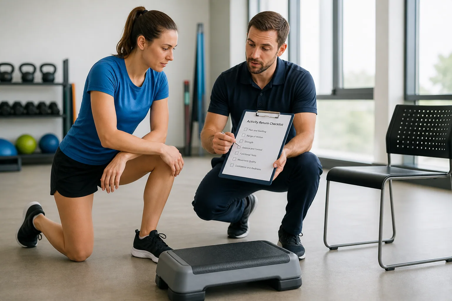 Patient and therapist discussing staged return-to-activity goals beside exercise equipment