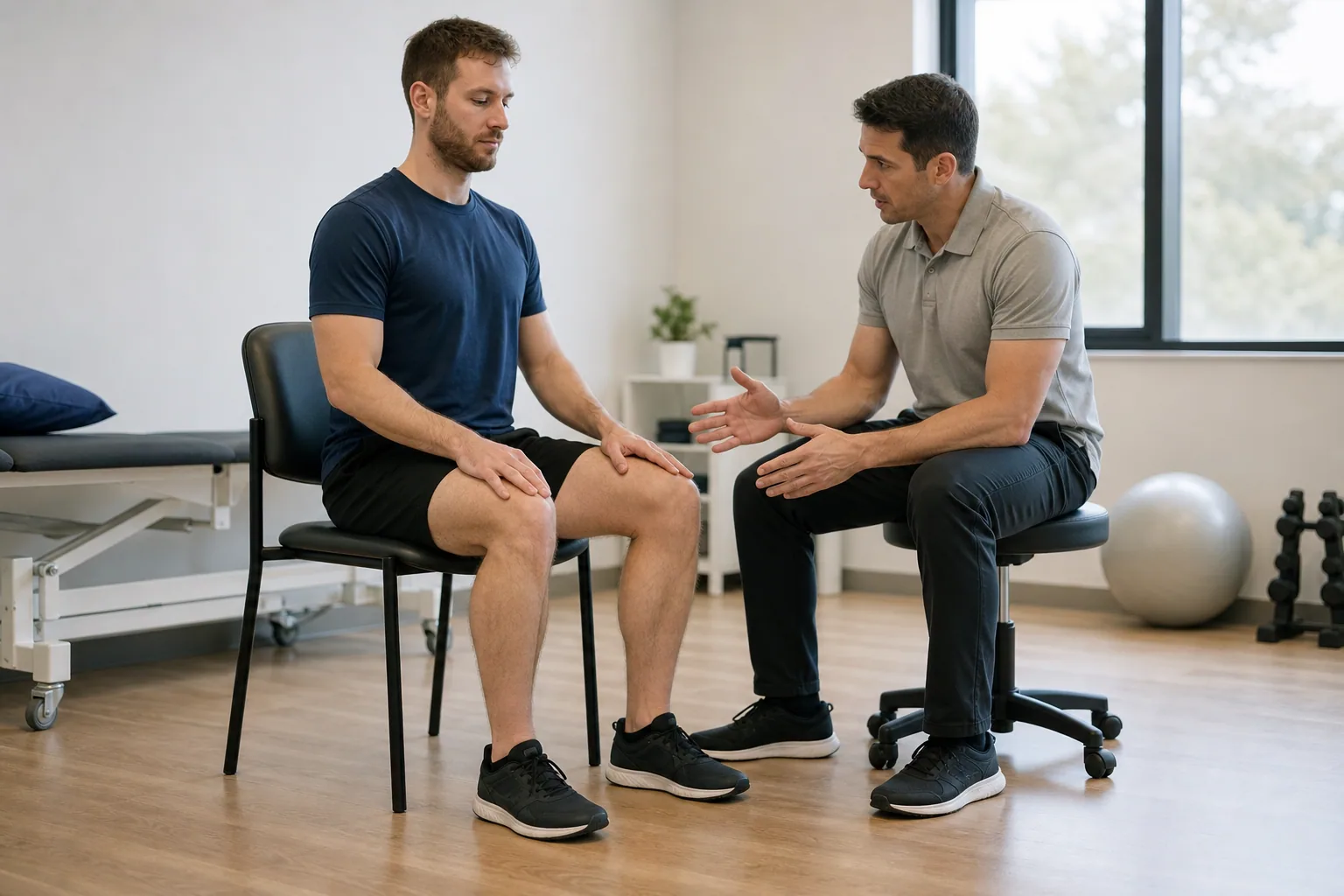 Patient and physiotherapist discussing a controlled chair-based movement with both feet supported