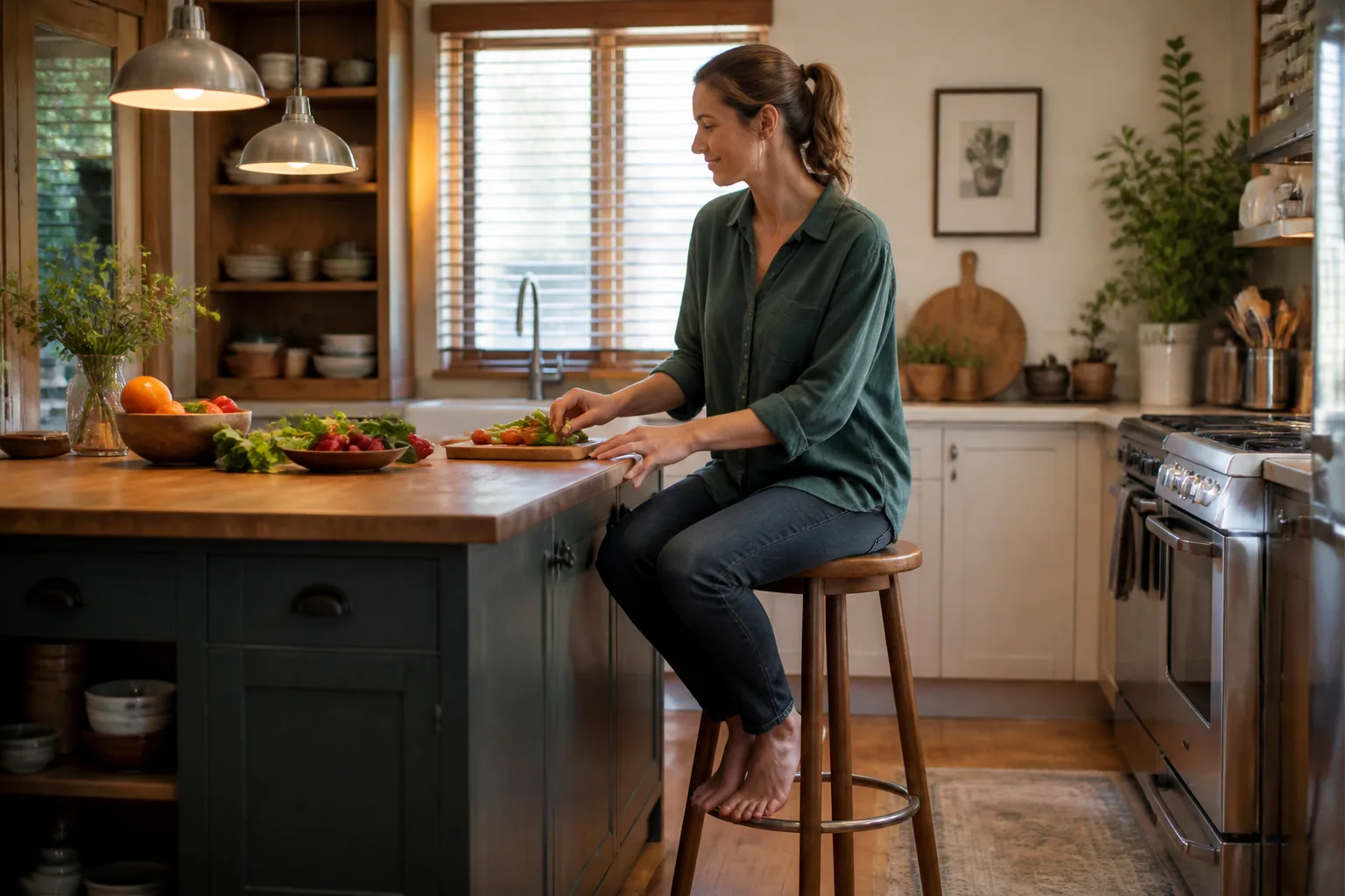 Person preparing food while seated on a stable stool with feet supported