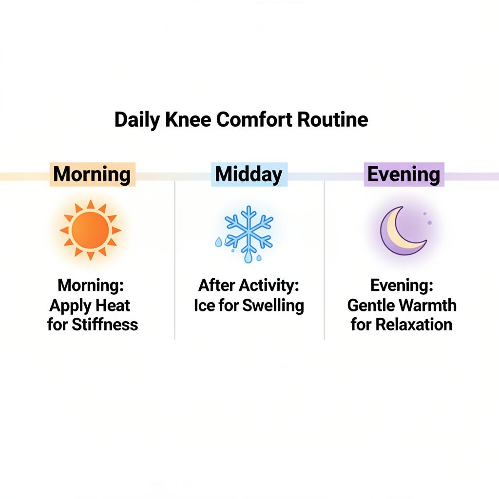 Daily knee comfort routine showing morning heat, midday ice after activity, and evening warmth