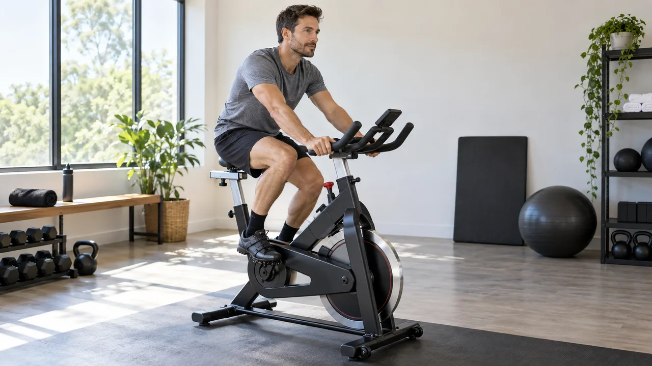 Adult indoor cyclist riding in a controlled seated position on a stationary bike