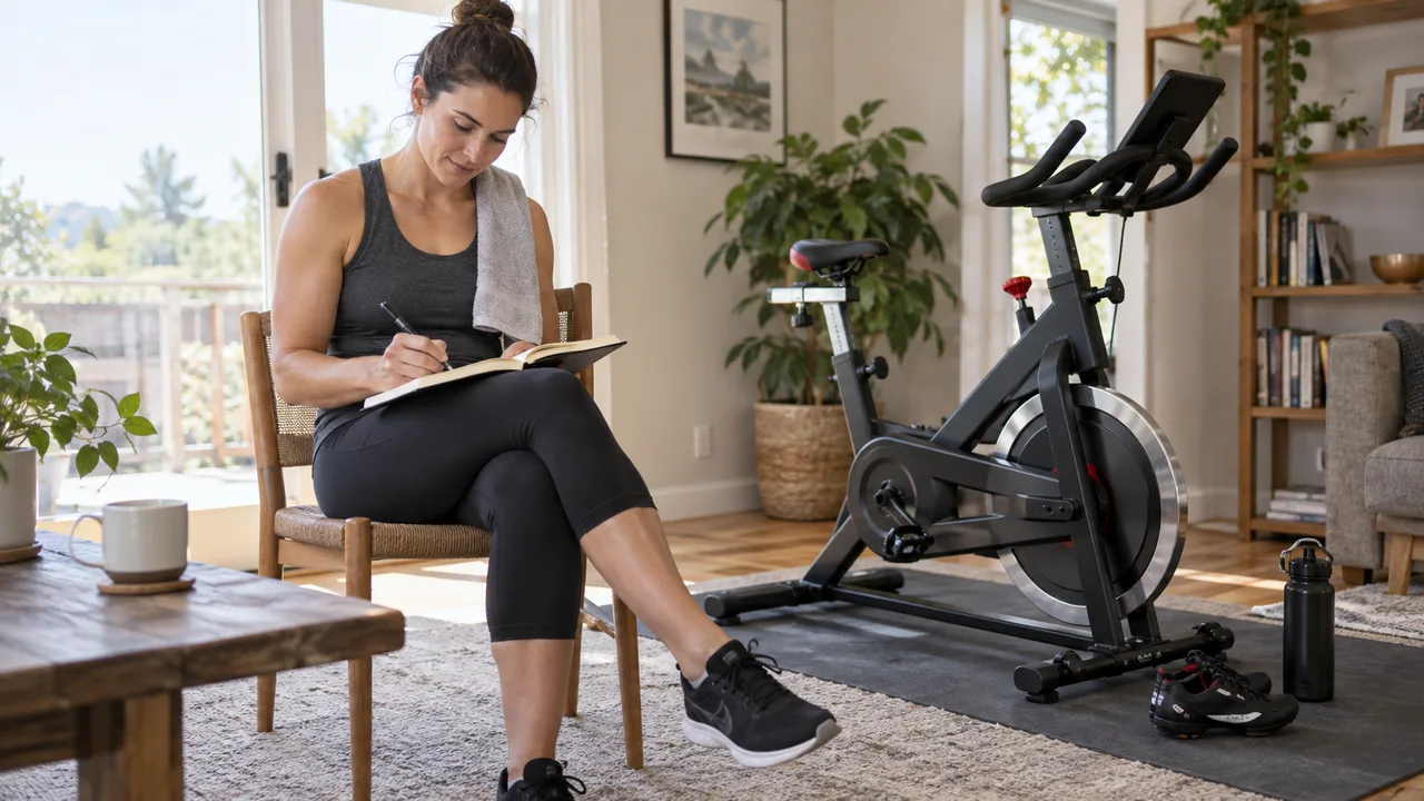 Indoor cyclist recording a session in a notebook beside a home exercise bike