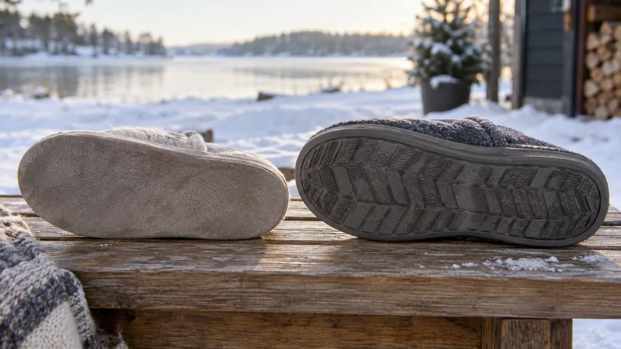 Illustrative comparison of a smooth indoor slipper sole and a patterned rubber outsole