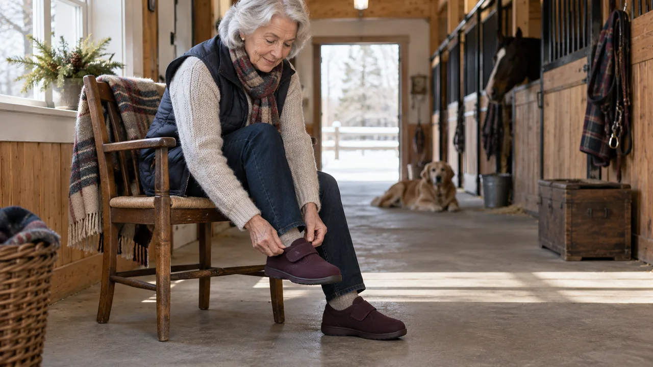Older adult seated while adjusting the wide fastening of a closed-heel house shoe