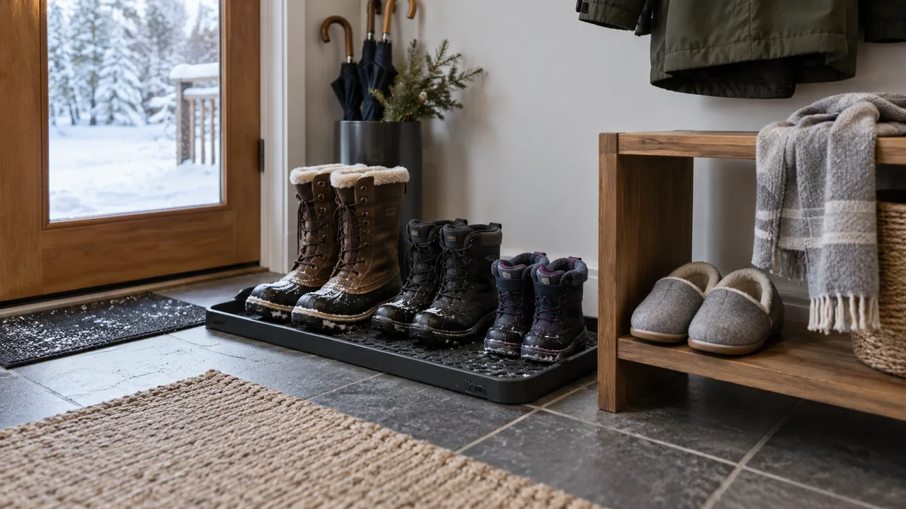 Outdoor winter boots on a drying tray separated from clean house slippers on a dry shelf