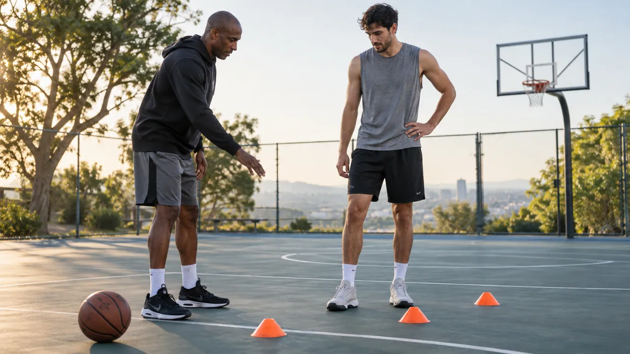 Coach and basketball player planning a controlled cone drill before increasing court demands