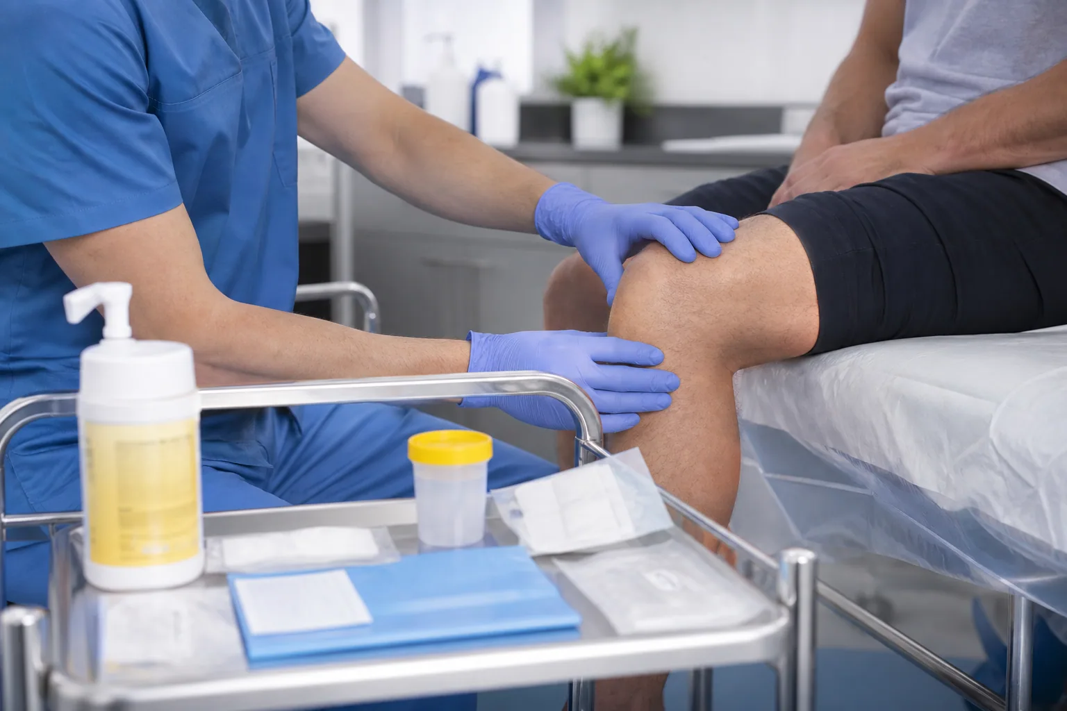 Clinician preparing a knee and sterile supplies before a joint aspiration