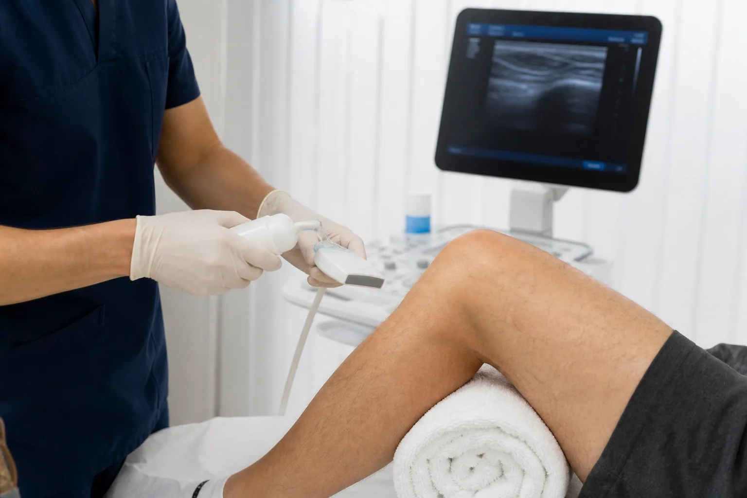 Ultrasound probe positioned over a supported knee during a clinical examination