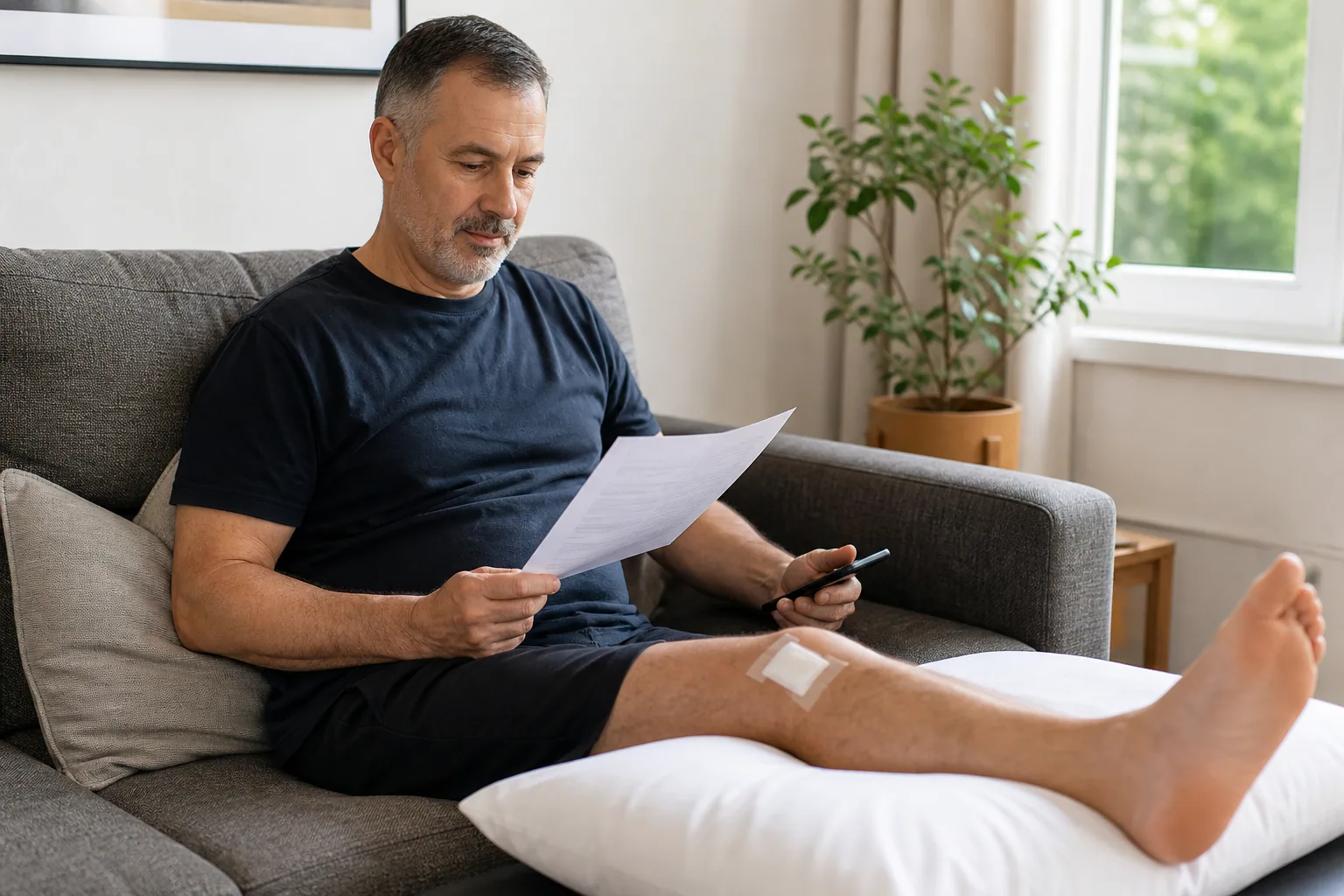Patient at home reviewing aftercare instructions with the knee supported and a small dressing visible
