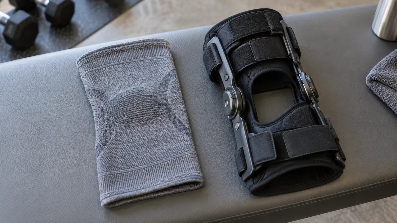 Soft fabric knee sleeve and a structured brace placed side by side