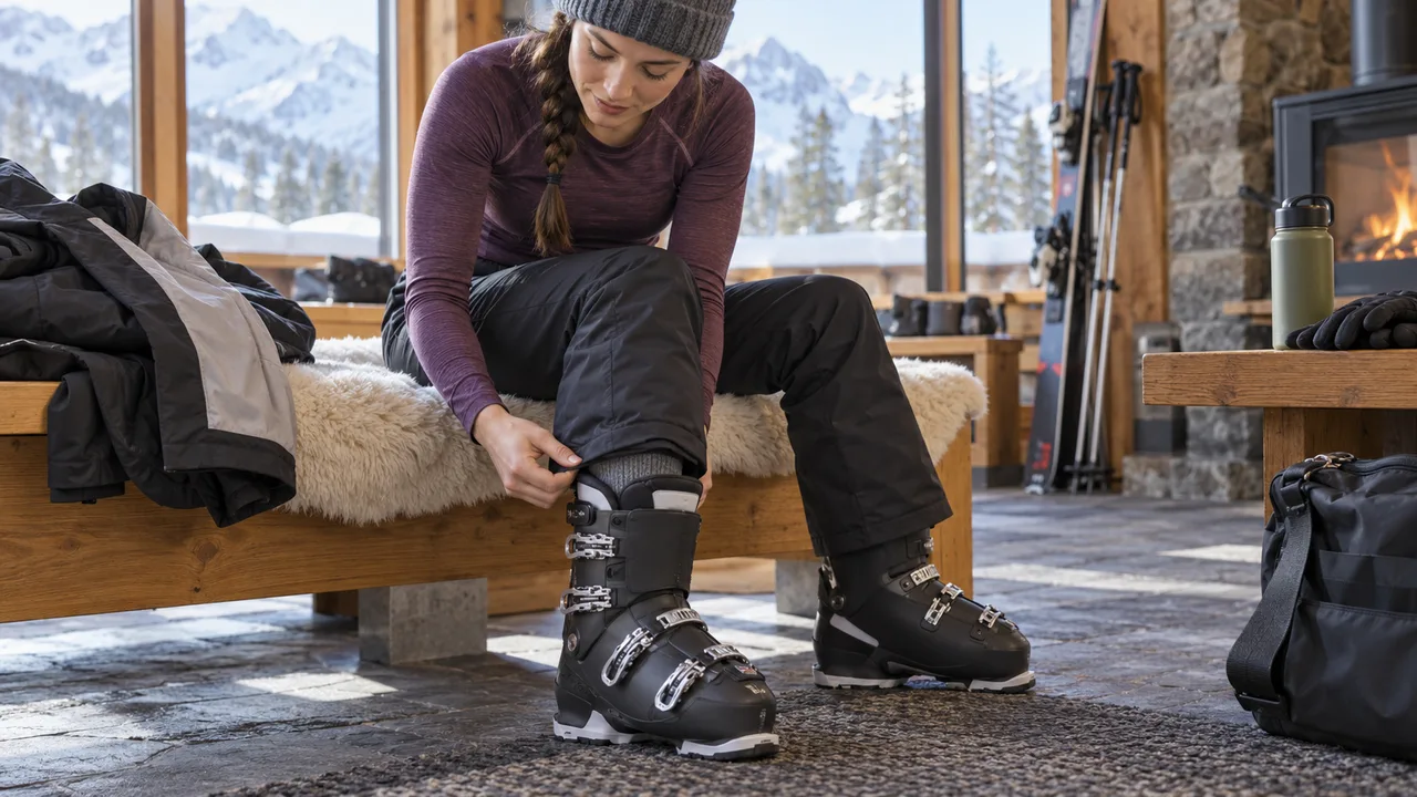 Skier checking ski boot fastening while seated indoors before heading outside