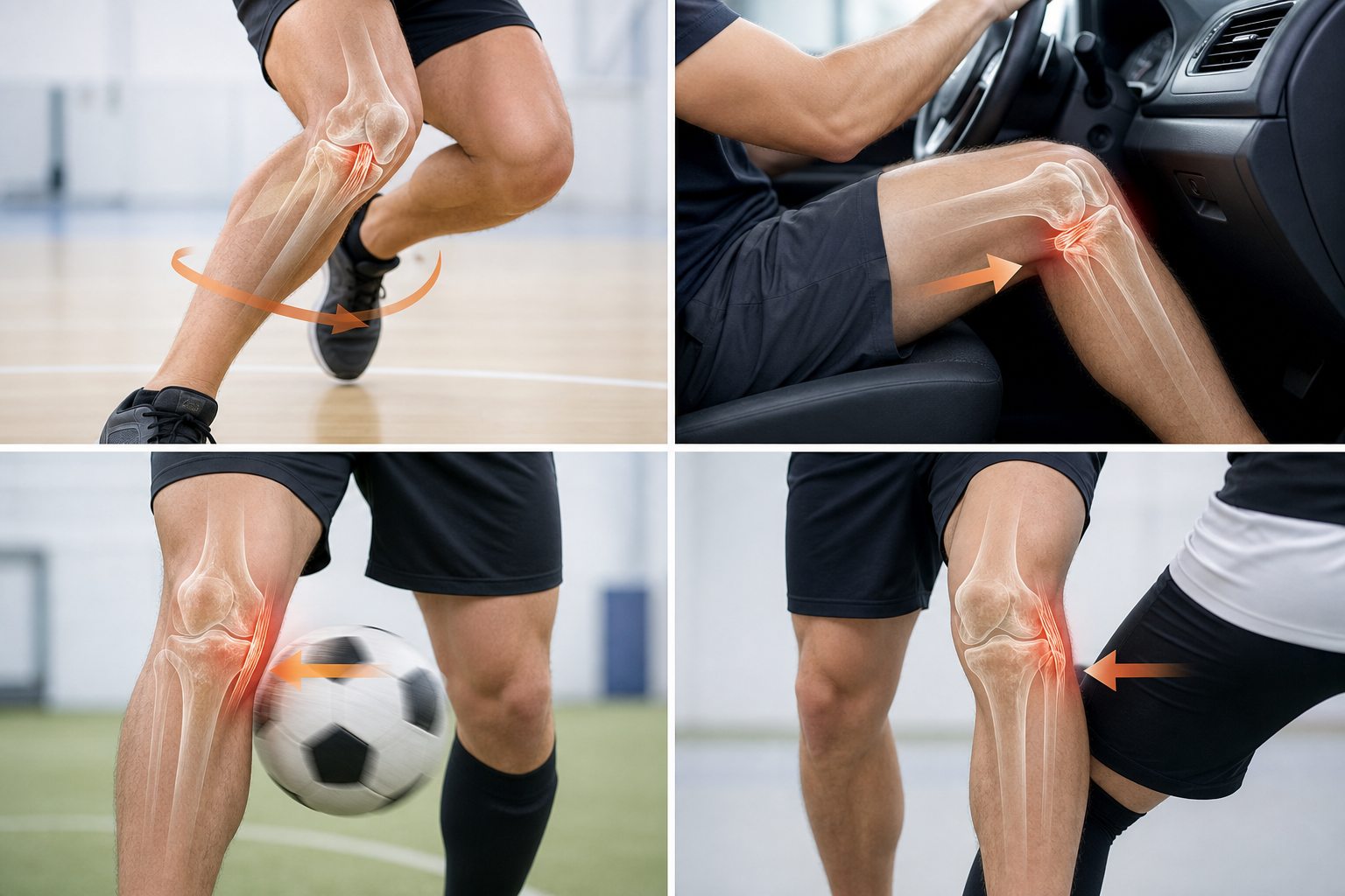 Four realistic knee injury mechanisms showing a pivot, force to a bent knee, inward side impact and outward side impact