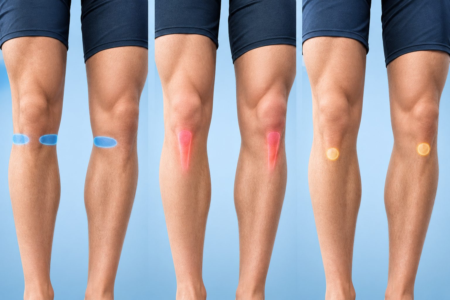 Realistic knee comparison highlighting joint-line meniscus zones, the patellar tendon below the kneecap and focal bone regions