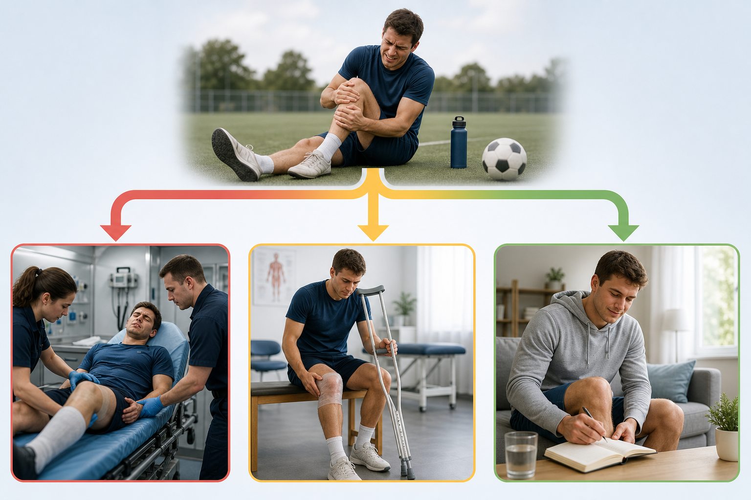 Three realistic care pathways after knee injury showing urgent trauma, prompt assessment for swelling and a milder improving pattern being monitored