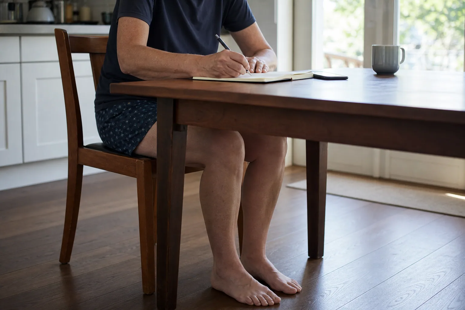 Person recording the timing and behavior of knee symptoms in a notebook without testing the joint
