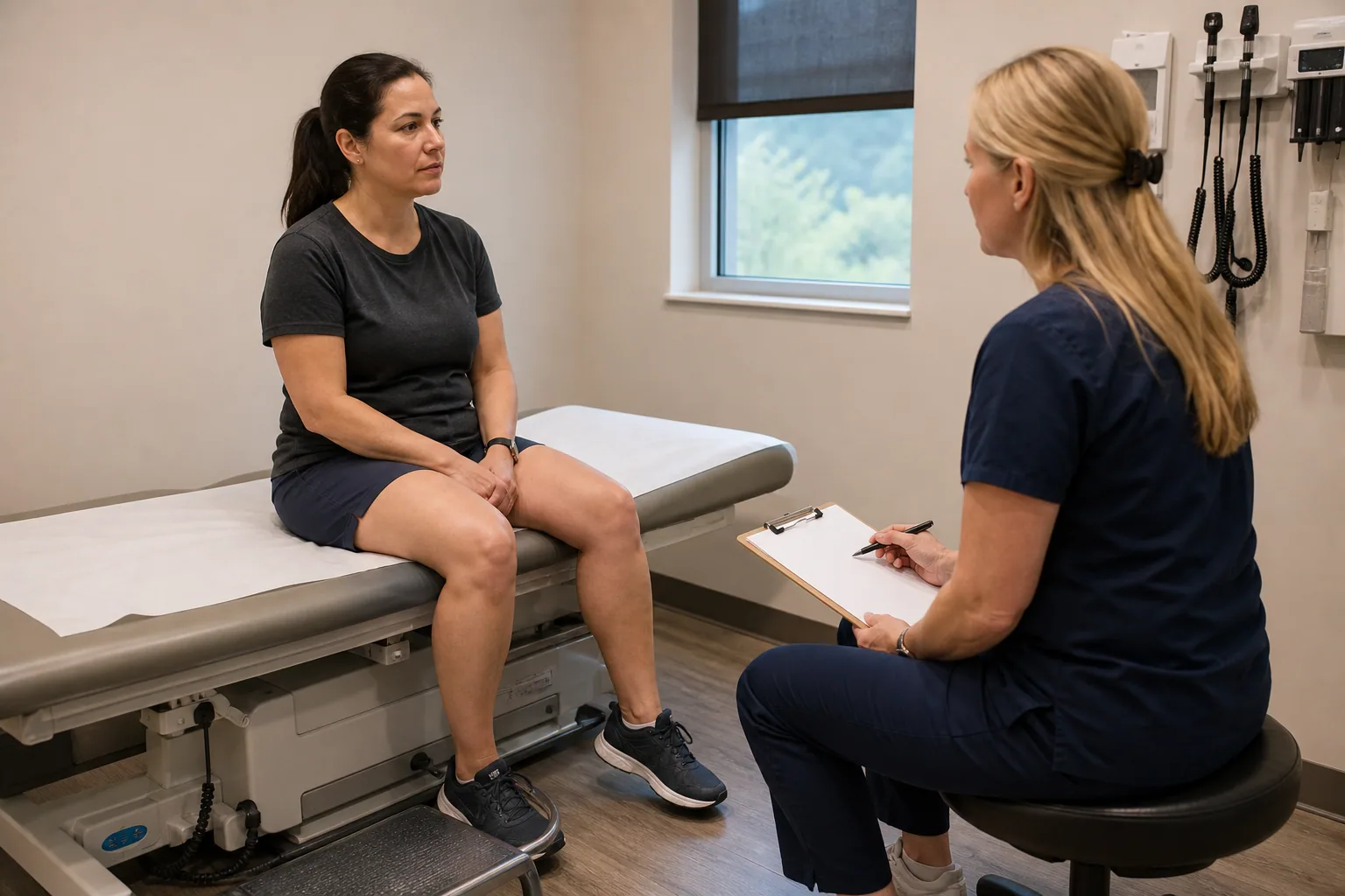 Clinician listening to a patient with a comfortably positioned knee during an assessment