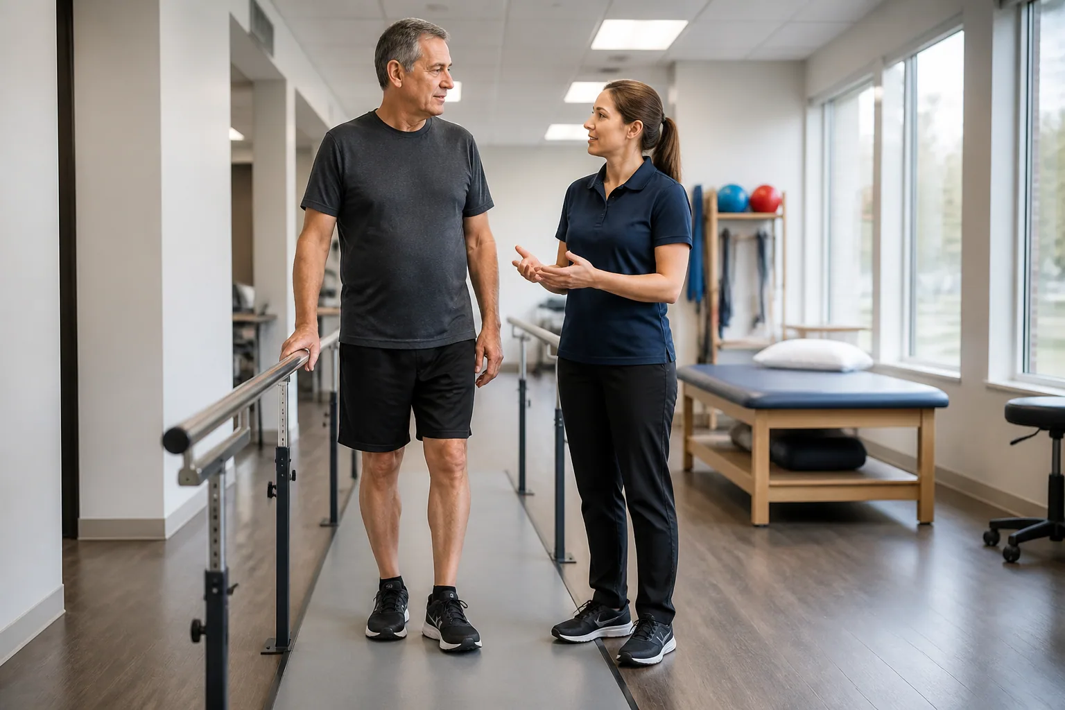 Patient and physiotherapist discussing a safe activity plan beside a level clinic walkway