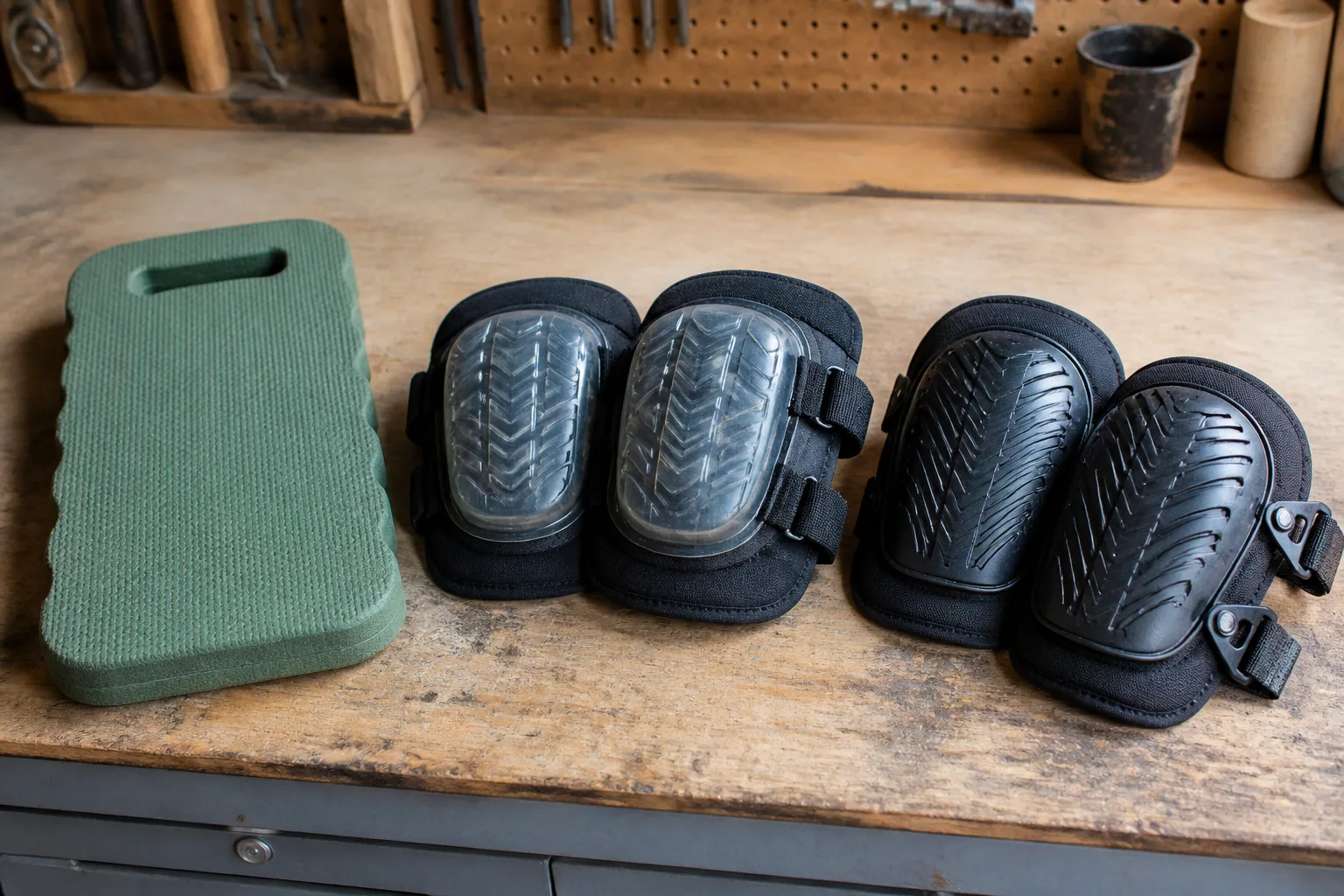 Different protective kneeling options showing a foam mat and soft and hard-shell wearable pads
