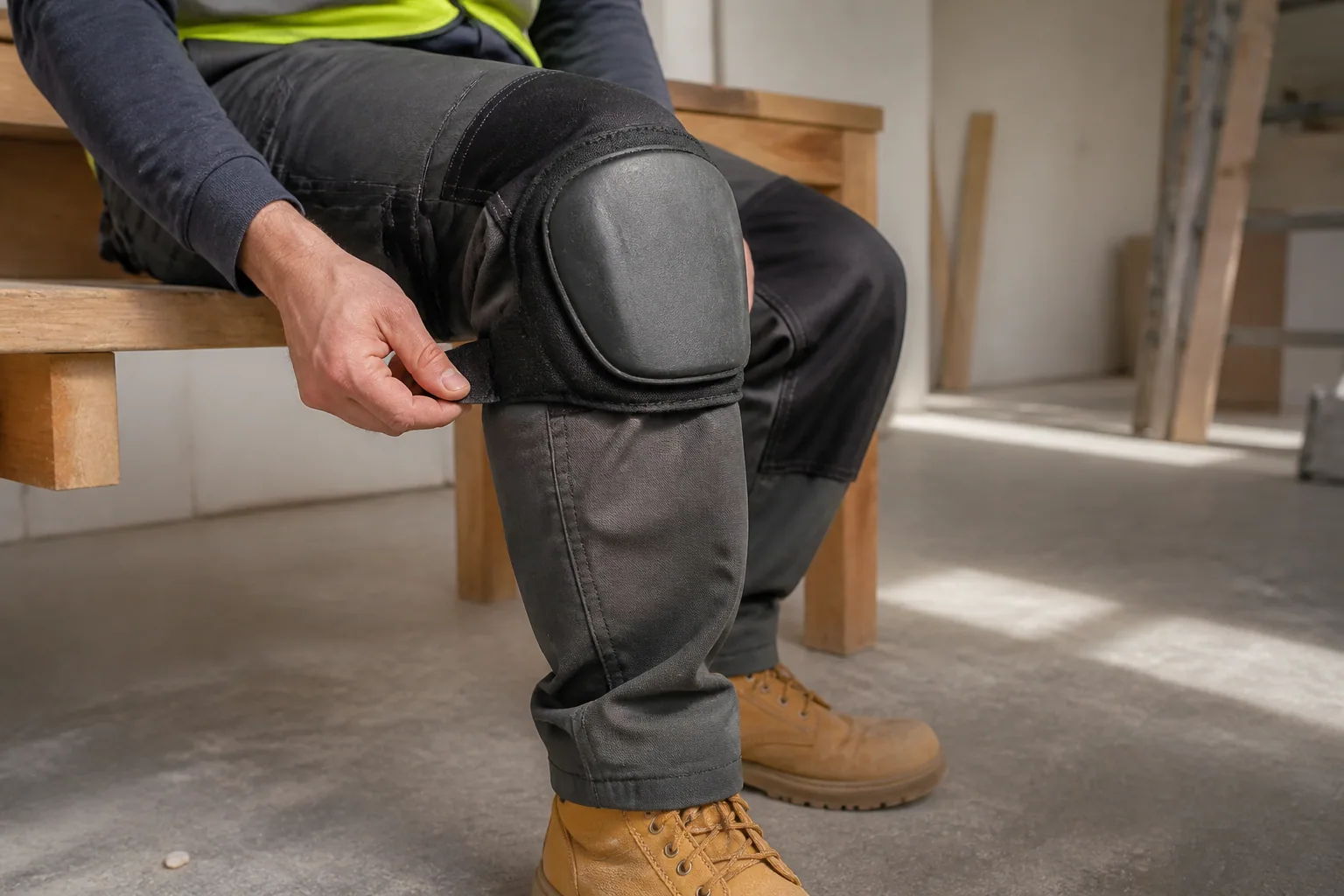 Worker checking the strap fit of a protective kneepad over ordinary work trousers