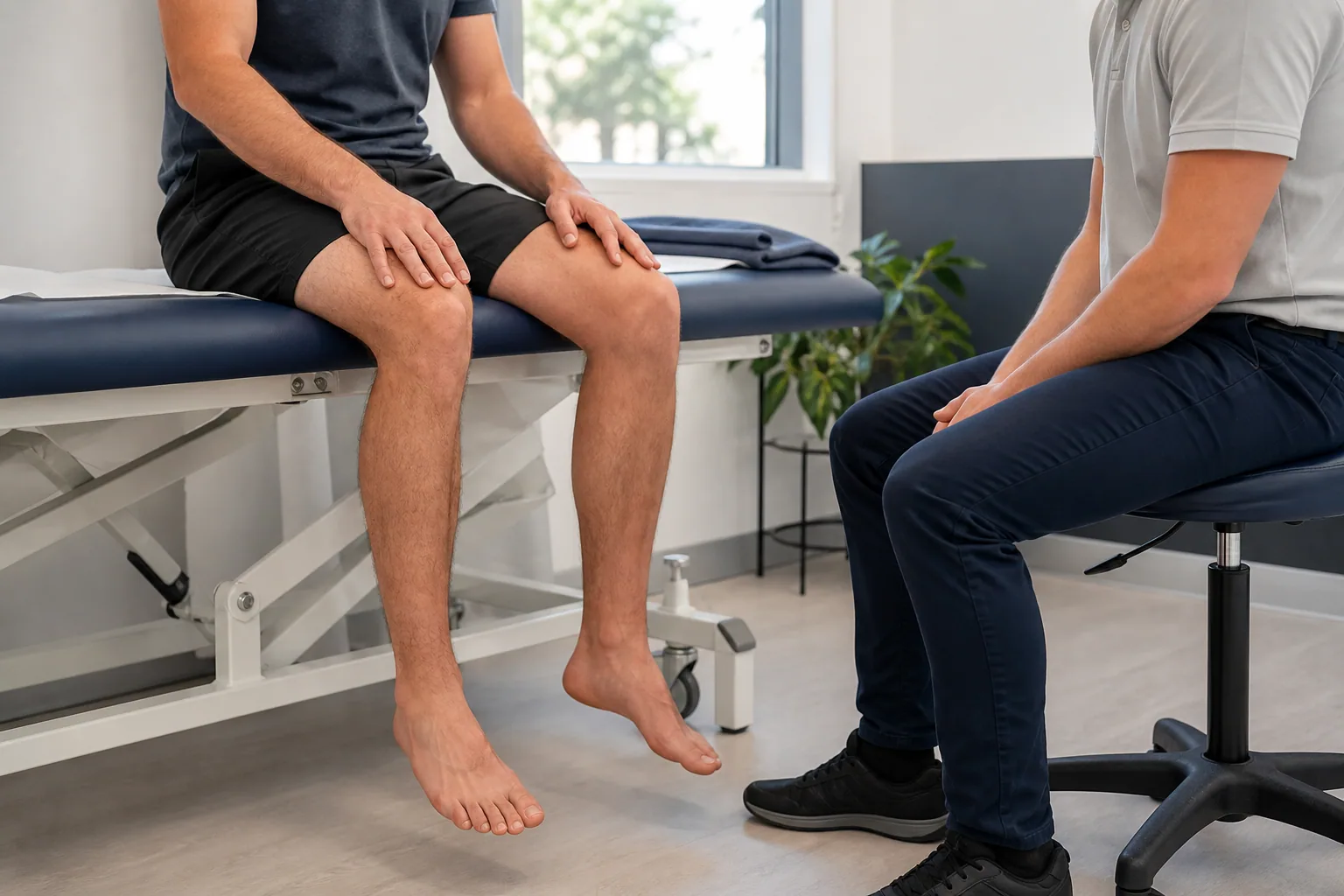 Clinician considering the whole lower leg, including knee and ankle, during a seated assessment