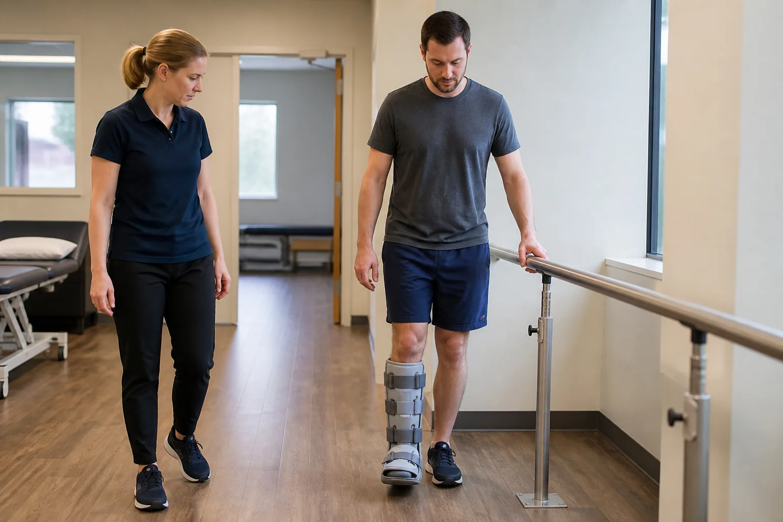 Physiotherapist observing walking with a prescribed boot beside a clinic handrail