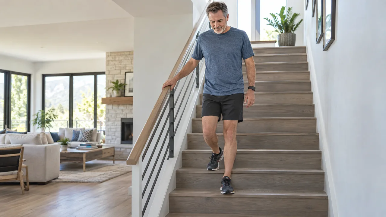 Adult runner using a handrail on a broad staircase during a recovery day