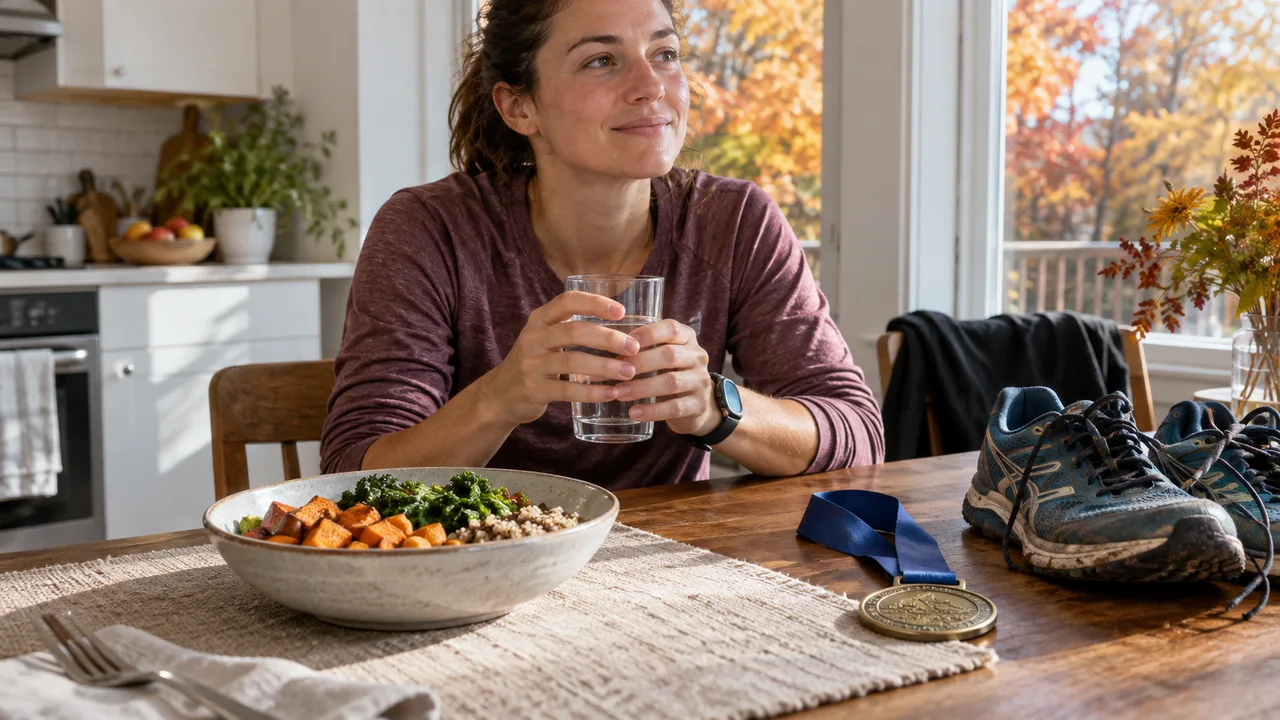 Runner seated beside a simple meal and a glass of water after an autumn event