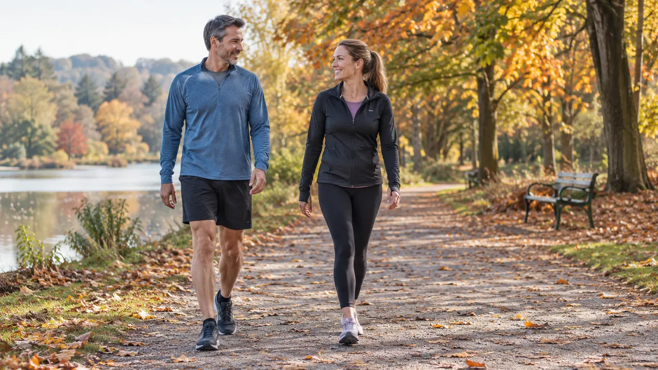 Two recreational runners taking a relaxed walk on a level autumn park path