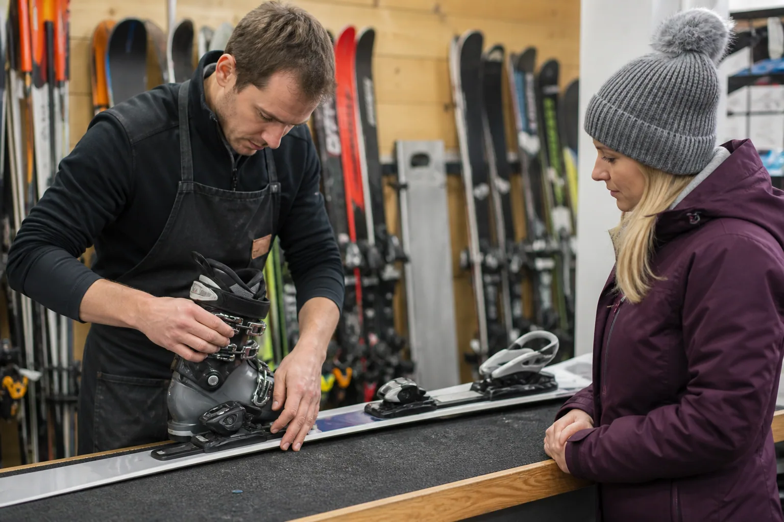 Ski technician inspecting boot and binding fit on a workbench