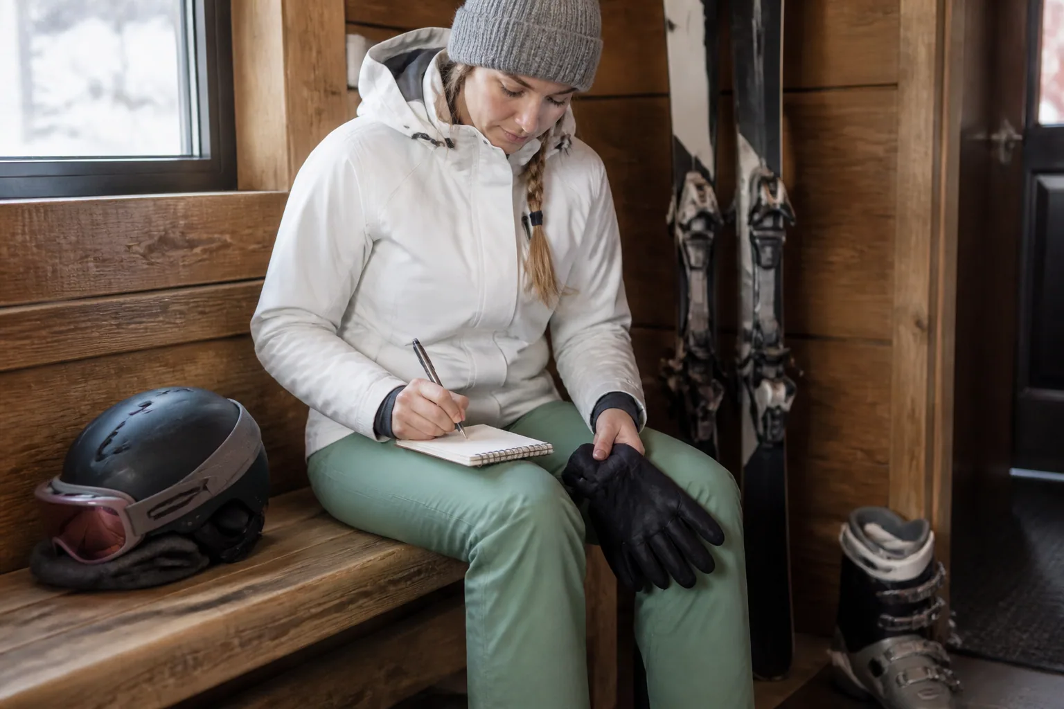 Skier resting at the lodge while reviewing a simple note of runs, symptoms, and next-day plans