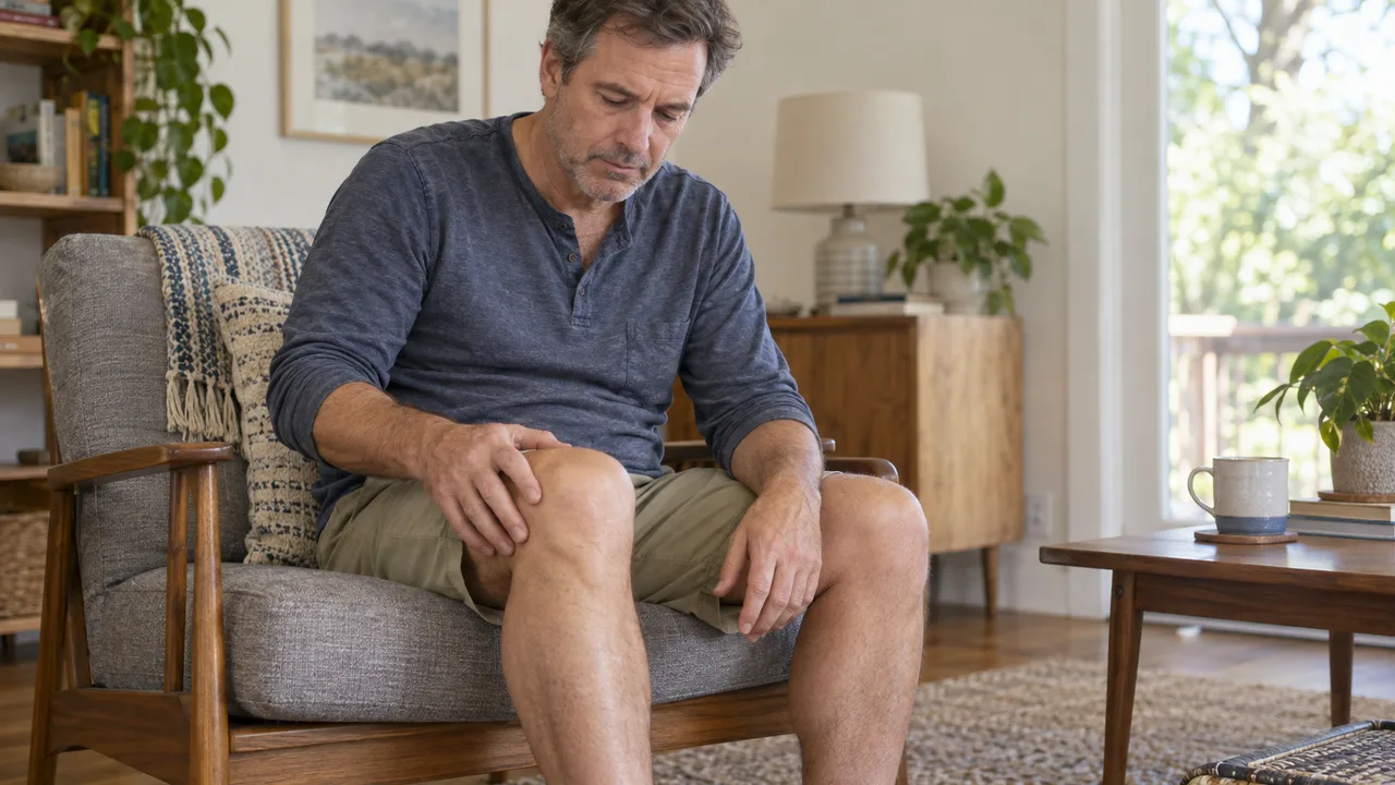 Adult sitting comfortably and observing a knee without performing a forceful self-test