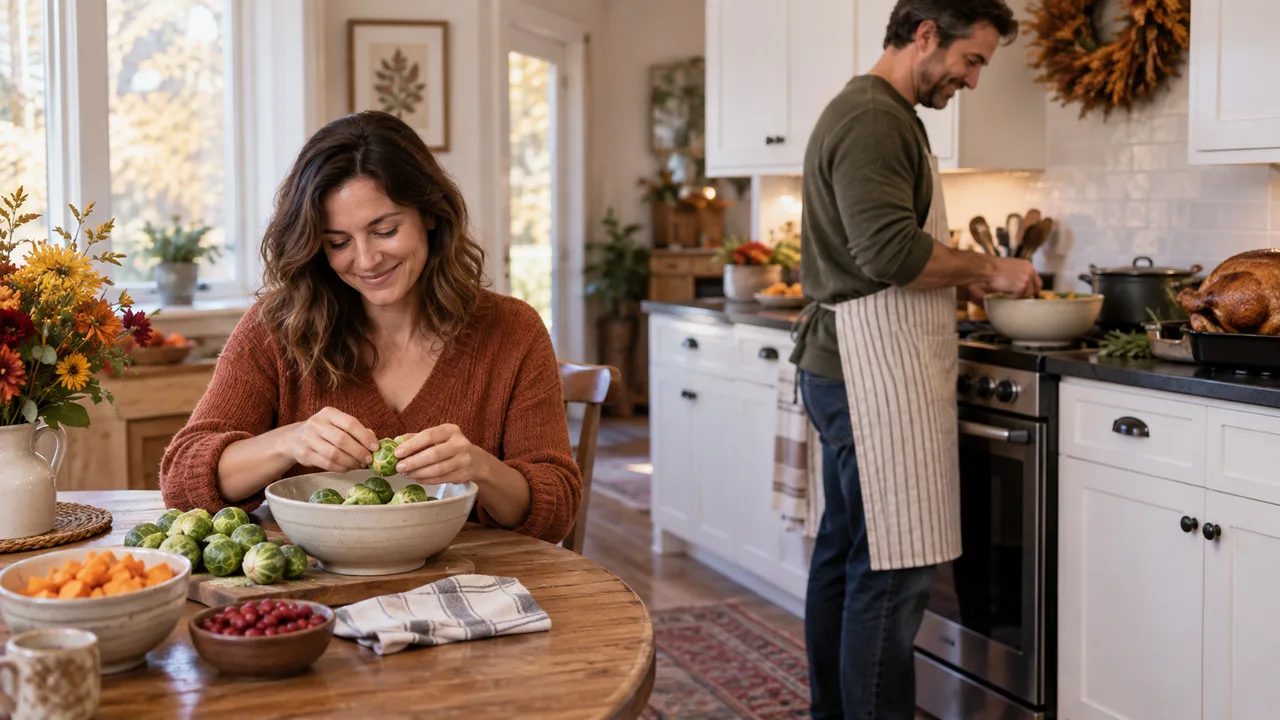 Family members sharing holiday meal preparation with one person seated at the table