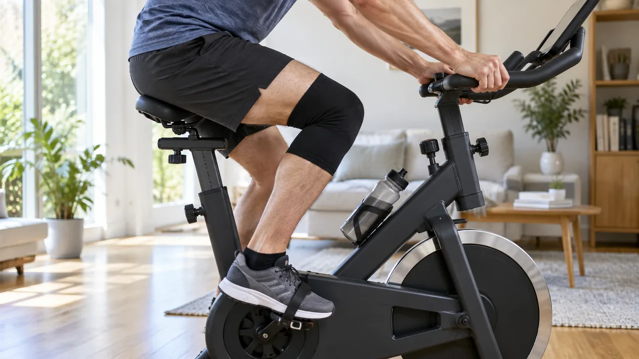 Cyclist checking a plain knee sleeve while seated on an indoor bike