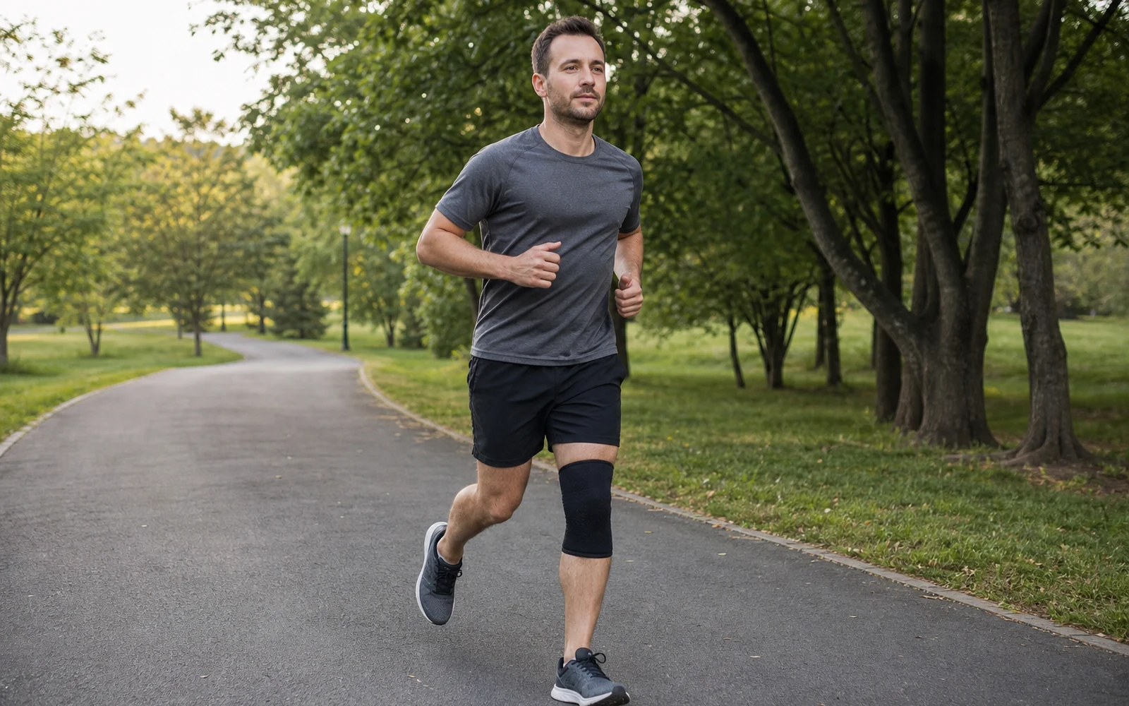 Adult runner wearing a slim black knee sleeve during a relaxed short test run on a level park path