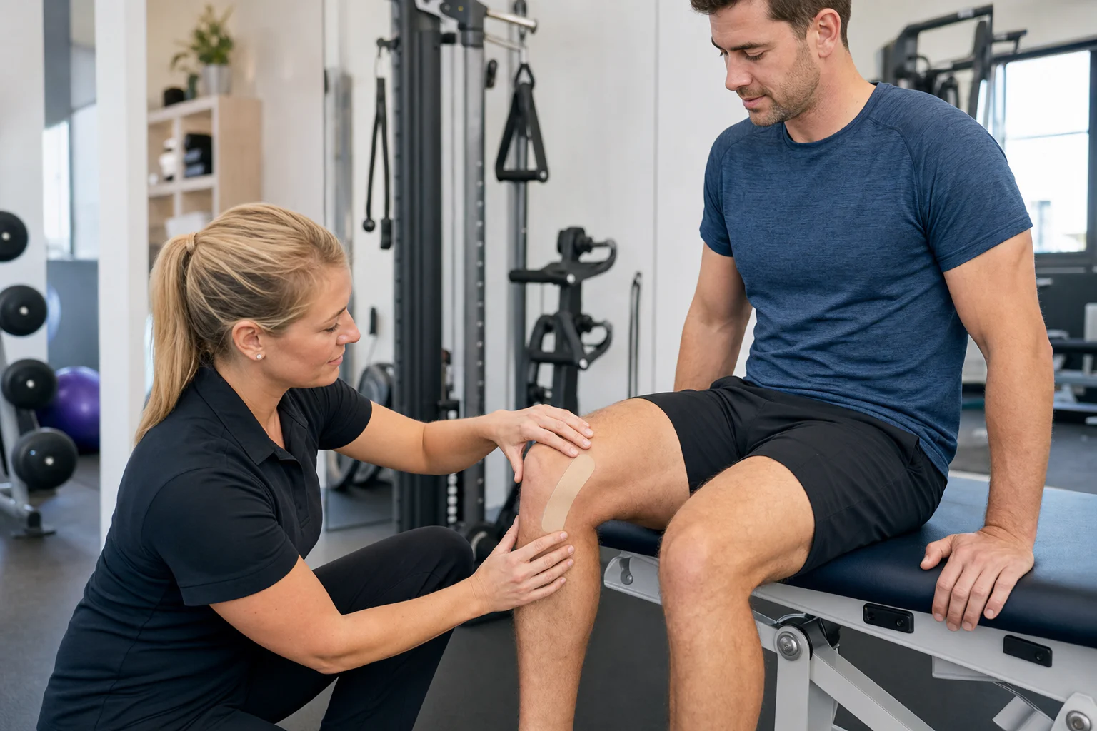 Clinician applying and checking a short beige rigid tape strip beside the kneecap while the patient sits on a treatment table