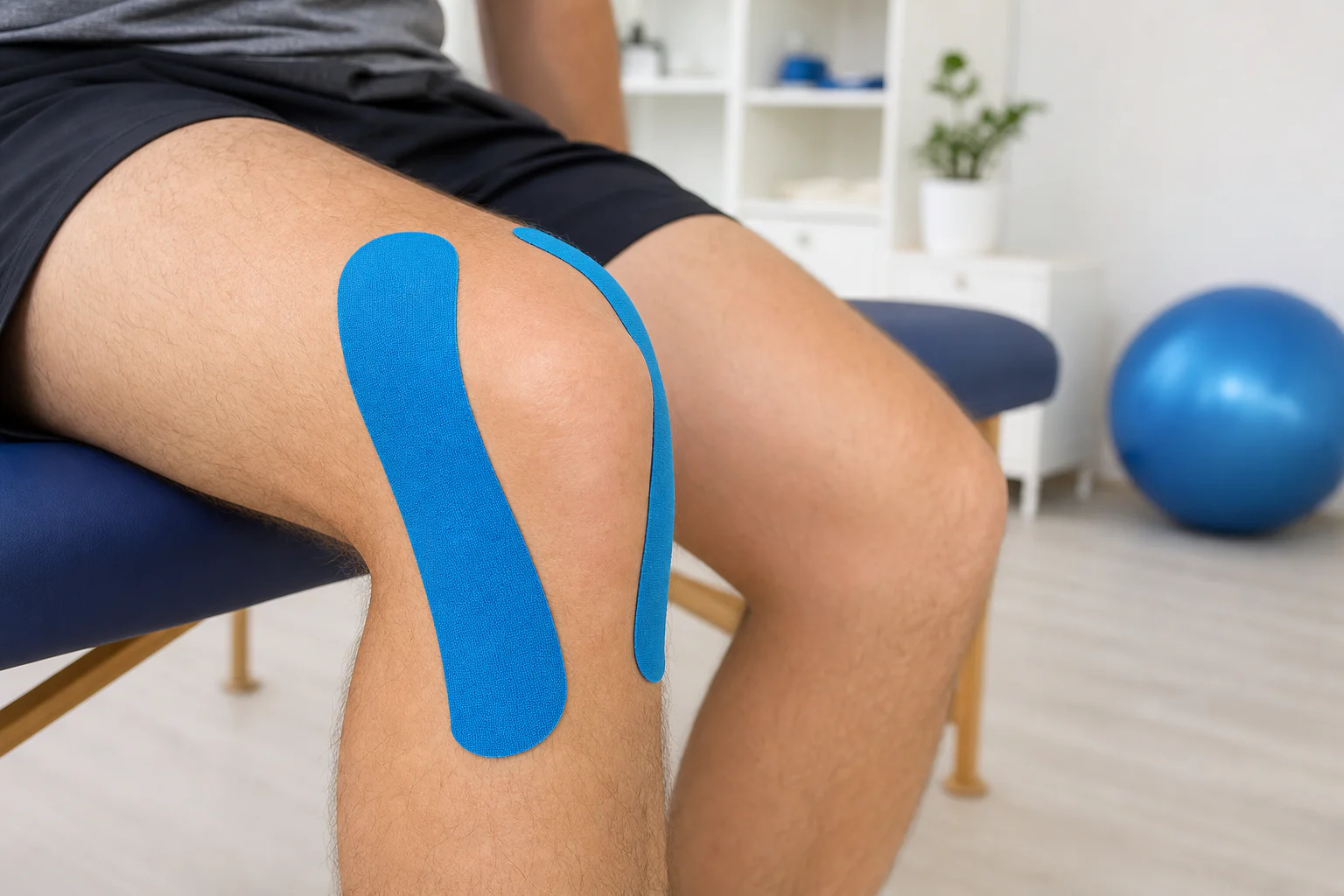 Two curved blue kinesiology tape strips applied to the front of a seated person's knee with the kneecap left uncovered